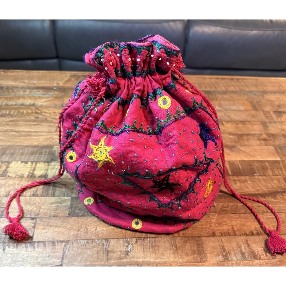 Pink Hand Embroidered Mirror Work Drawstring Pouch Bag Bohemian Folk Art Tassel